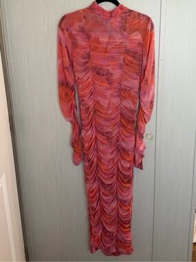 Rococo Sand Pink & Orange Mabel Club Wear Sexy Ruched Midi Dress Size XL
